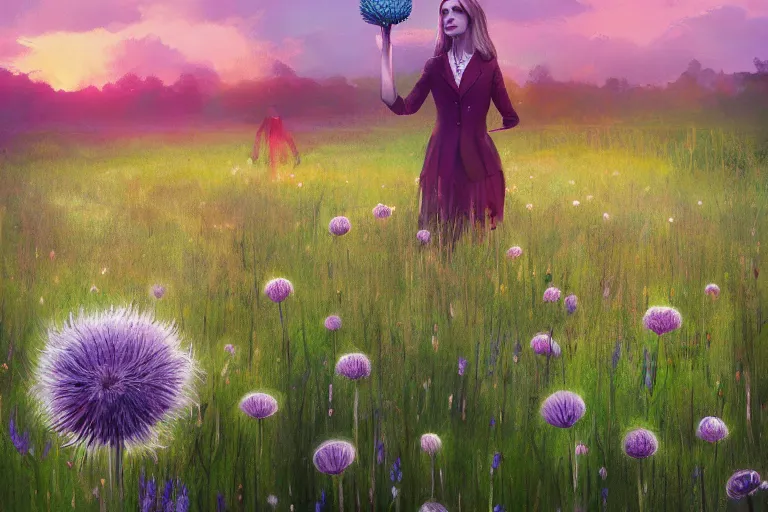 Image similar to giant thistle flower head, girl in suit in field of flowers, surreal photography, sunrise, blue sky, dramatic light, impressionist painting, digital painting, artstation, simon stalenhag