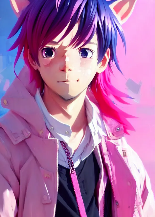 Image similar to portrait of a cute anime boy with pink hair and pink wolf ears and pink wolf tail wearing stylish clothes in a city | | highly detailed digital art painting by ruan jia, cory loftis, jeremy mann. artstation, pinterest, volumetric lighting, subsurface scattering, photorealistic, octane render, random artists