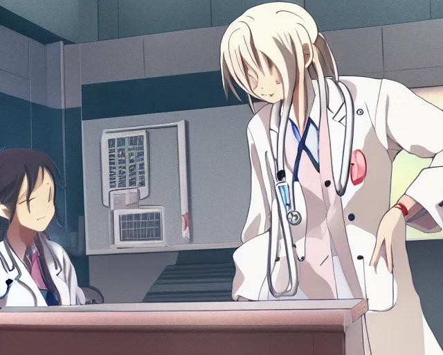 Image similar to a cute and beautiful young female doctor wearing white coat are talking with an old professor in a hospital, slice of life anime, lighting, anime scenery by Makoto shinkai