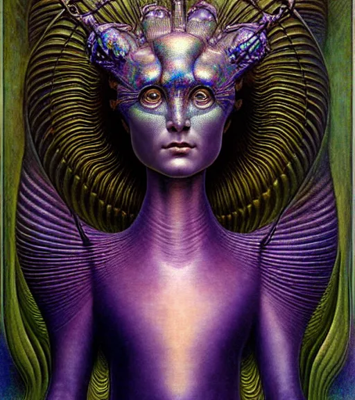 Prompt: detailed realistic iridescent beautiful young cher alien robot as queen of mandelbulb portrait by jean delville, gustave dore and marco mazzoni, art nouveau, symbolist, visionary, baroque. horizontal symmetry by zdzisław beksinski, iris van herpen, raymond swanland and alphonse mucha. highly detailed, hyper - real, beautiful