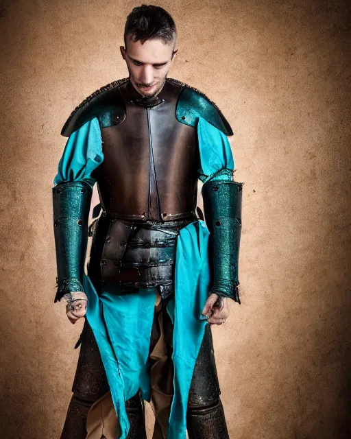 Prompt: an award - winning photo of a ancient male model wearing a baggy teal distressed medieval menswear leather jacket slightly inspired by medieval armour designed by alexander mcqueen, 4 k, studio lighting, wide angle lens