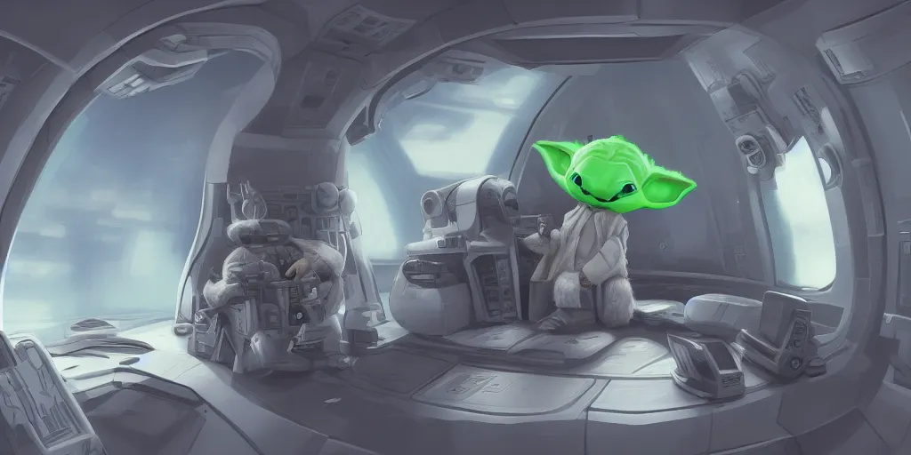 Baby Yoda sitting in the cockpit of a spaceship, Stable Diffusion