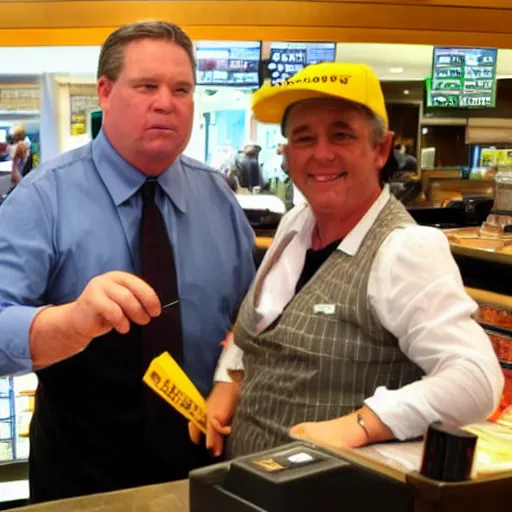 Prompt: senator steven armstrong from revengeance working as a mcdonald's cashier