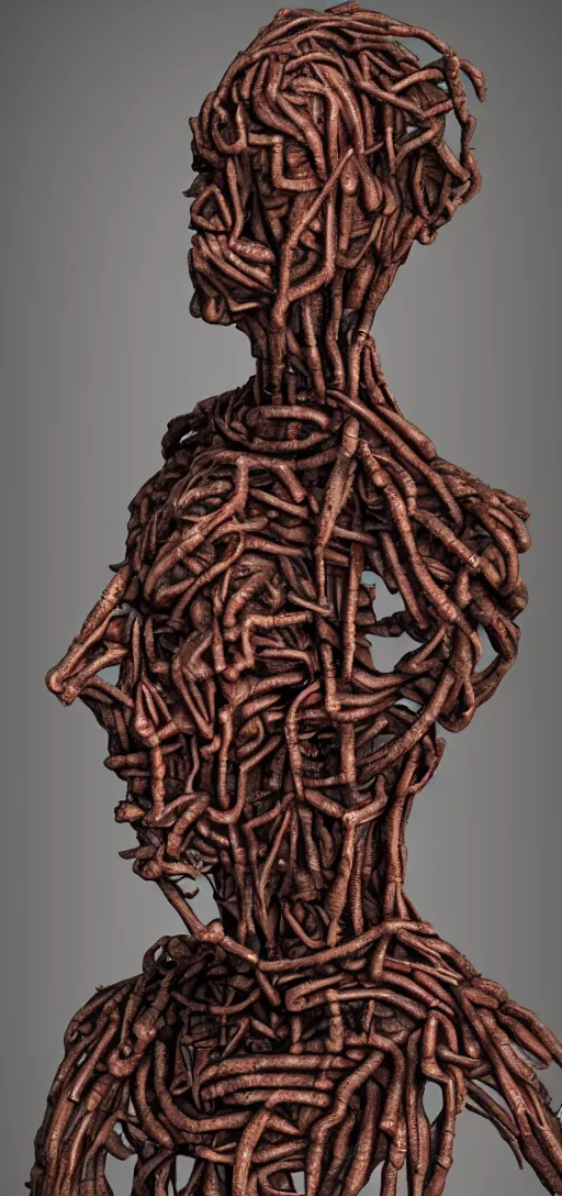 Image similar to hyperealistic sculpture of a human with rusty pipes extruding from the body, body horror, human bodies, scary, human faces, disturbing,