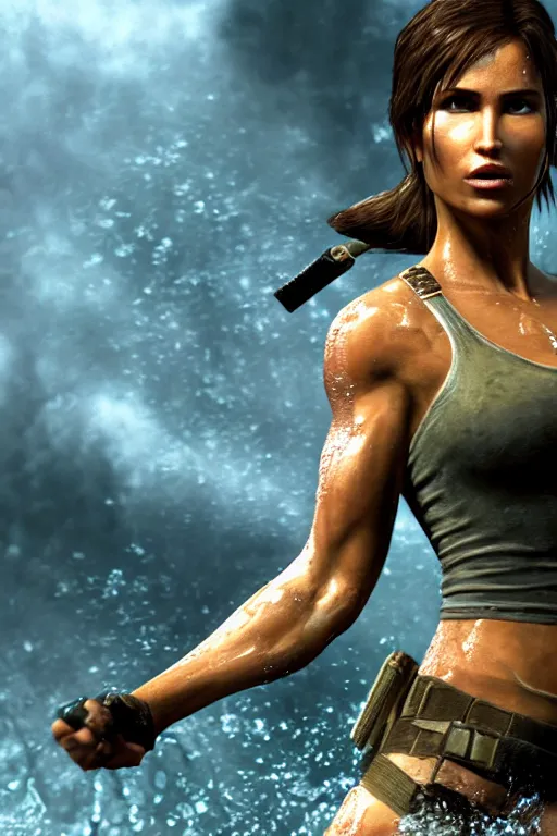 Image similar to a film still of lara croft, close up, muscular, drenched body, wet dripping hair, emerging from the water, fractal crystal