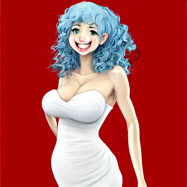 Image similar to professional digital art of a white incredibly !!!!attractive!!!! smiling thin slightly curvy woman with light brown curly hair blue eyes, front view, facing camera, standing in tight red dress, very attractive, beautiful face, impressive, smiling, Canon 40mm view, HD, 4k, well composed, best on artstation, cgsociety, epic, stunning, gorgeous, intricate detail, wow, masterpiece by Gil Elvgren and Artgrem and Dorian Cleavanger