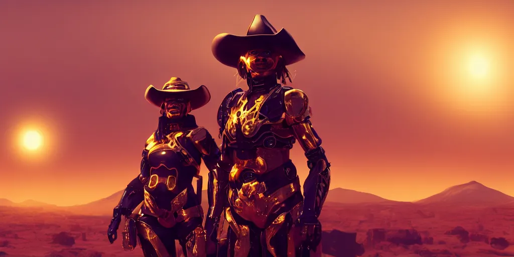 Prompt: Panorama screenshot beautiful female cyborg, super bright gold glowing eyes, wearing a cowboy hat, photographic highly detailed desert, dynamic dramatic golden moody lighting, volumetric lighting, shadows,cinematic atmosphere,Artstation, DAZ, bungie, hyperrealistic 3D digital art,Octane render