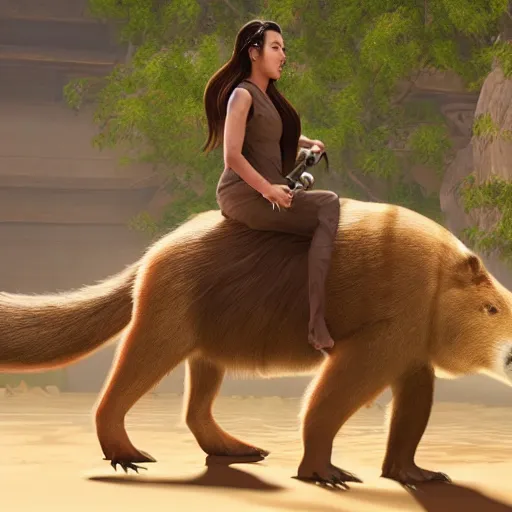 Prompt: female jedi riding a giant capybara into battle unreal 5, hyperrealistic, realistic, photorealistic, dynamic lighting