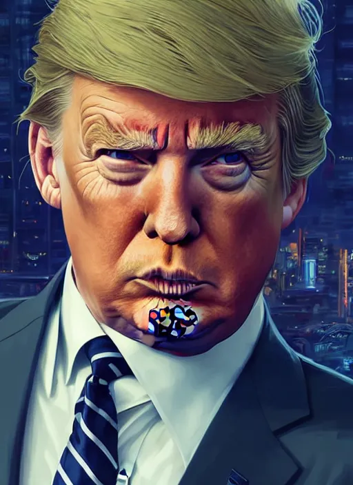 Image similar to Highly detailed portrait of President Trump, in GTA V, Stephen Bliss, unreal engine, fantasy art by Greg Rutkowski, Loish, Rhads, ferdinand knab, Makoto Shinkai and Lois van baarle, ilya kuvshinov, rossdraws, Tom Bagshaw, alphonse mucha, global illumination, radiant light, detailed and intricate environment