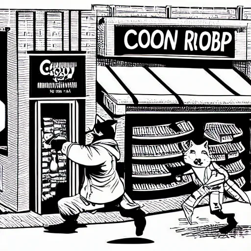 Prompt: detailed intricate colour illustration of a cat robbing a liquor store at gunpoint, comic book style, no speech bubbles, dystopian, dark, akira