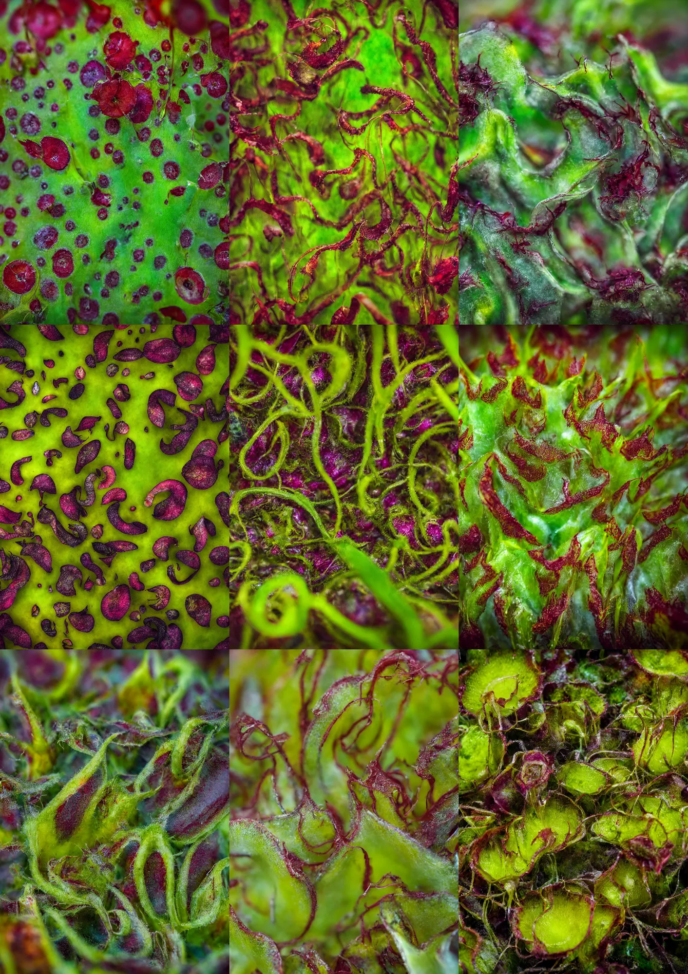 Prompt: low - angle macro photography of a carnivorous plants in a swamp, macro, out of focus, painterly, fantasy art, seafoam green