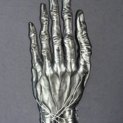 Prompt: realistic silver metal detailed wire sculpture of a human hand, intricate, anatomically correct