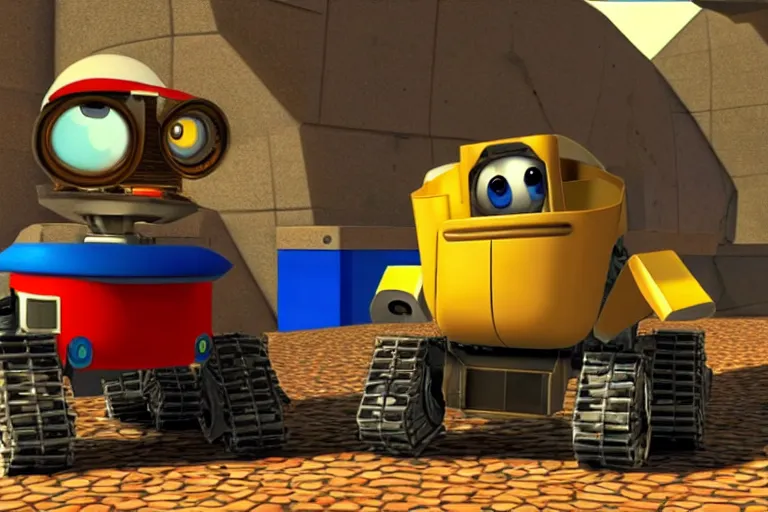 Image similar to wall - e in super mario 6 4, heavy detailed, ultra high definition quality, super mario 6 4 game engine graphics