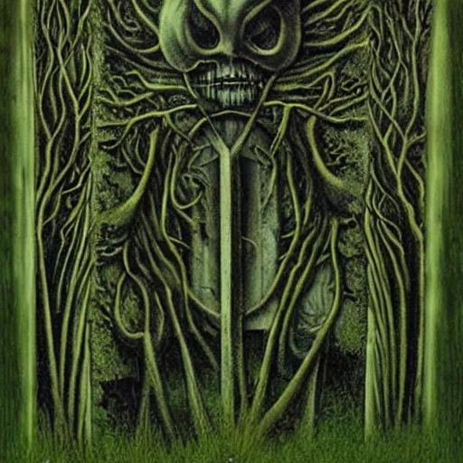 Image similar to ossuary cemetary segmented shelves overgrown, graveyard, vertical shelves, zdzisław beksinski, hr giger, mystical occult symbol in real life, high detail, green fog