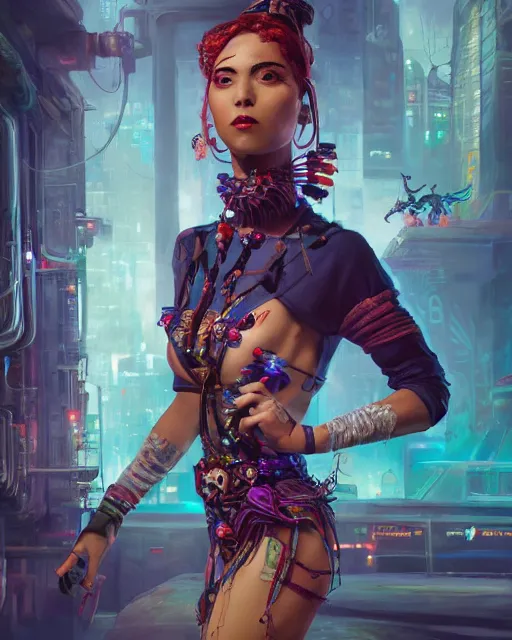 Image similar to An epic fantasy comic book style full body portrait painting of a very beautiful cyberpunk Hula Dancer, character design by Mark Ryden and Pixar and Hayao Miyazaki, unreal 5, DAZ, hyperrealistic, octane render, cosplay, RPG portrait, dynamic lighting, intricate detail, cinematic