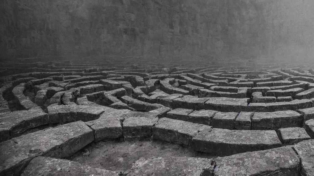 Prompt: The inside of a labyrinth, surrounded by walls made out of a dark brown stone, foggy atmosphere