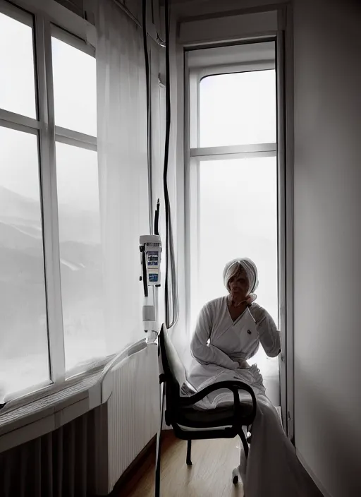 Image similar to medium shot, photo of a beautiful 4 0 year old woman hospital patient sitting in a norwegian hospital room, wearing a hospital gown, with an iv drip, looking out window. studio lighting, 3 5 mm, by charlie waite, max rive, caroline foster.