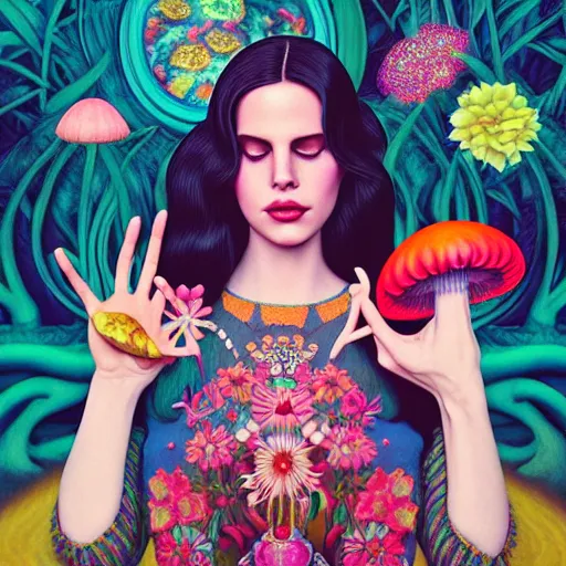 Image similar to pretty lana del rey with hallucination mushroom : : by martine johanna and simon stalenhag and chie yoshii and casey weldon and wlop : : ornate, dynamic, particulate, rich colors, intricate, elegant, highly detailed, vogue, harper's bazaar art, fashion magazine, smooth, sharp focus, 8 k, octane render,