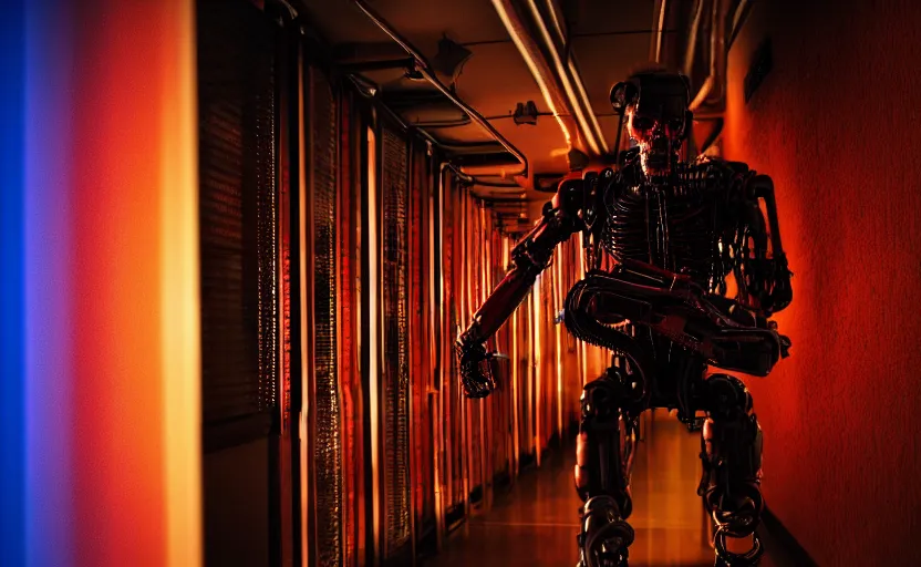 Image similar to terminator without flesh, staying in front of server room. extreme long shot, high detail, low saturated red and blue light, cinematic colors