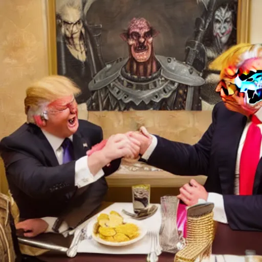 Prompt: smiling trump meets with lauching slaanesh at a diner, style of geiger, 8 k, ultra detailed, photograph, rule of thirds.