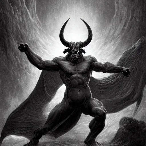 Prompt: full body, grayscale, Gustave Dore, James Daly, muscled humanoid balrog demon, horns, heroic pose, swirling flames