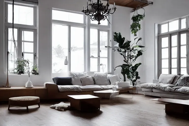 Prompt: Minimalistic Livingroom with a staircase, wooden floor, white L shaped couch, wooden coffee table, Big chandelier, Big Windows, 8k Realistic