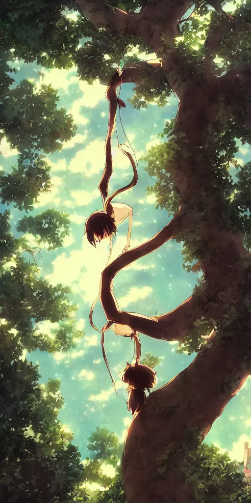 Prompt: a cat hanging from a tree, anime scene illustrated by Makoto Shinkai, digital art