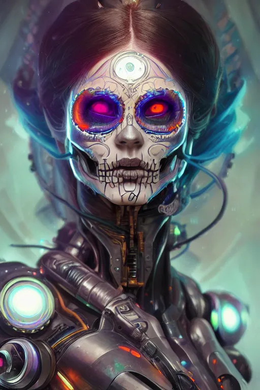 Prompt: portrait of ultra detailed female cyborg, scifi, fantasy, octane render, dia de los muertos, intricate concept art, triadic color scheme, art by artgerm and dzo and greg rutkowski and alphonse mucha and loish and wlop