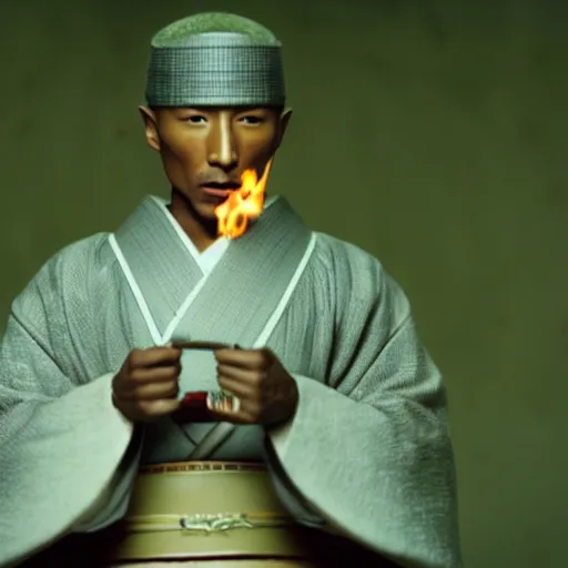 Image similar to cinematic film still Pharrell Williams starring as a Samurai holding fire, Japanese CGI, VFX, 2003, 40mm lens, shallow depth of field,film photography