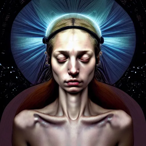 Image similar to Colour Caravaggio style Photography of Beautiful woman with highly detailed 1000 years old face wearing higly detailed sci-fi halo above head designed by Josan Gonzalez. Woman wearing sci-fi dress , Many details . In style of Josan Gonzalez and Mike Winkelmann andgreg rutkowski and alphonse muchaand Caspar David Friedrich and Stephen Hickman and James Gurney and Hiromasa Ogura. volumetric natural light