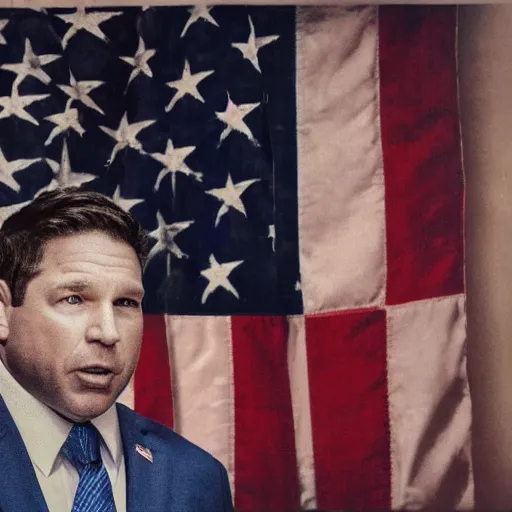 Image similar to Ron Desantis in front of a Betsy Ross flag, dark, creepy, ominous, modern propaganda artwork