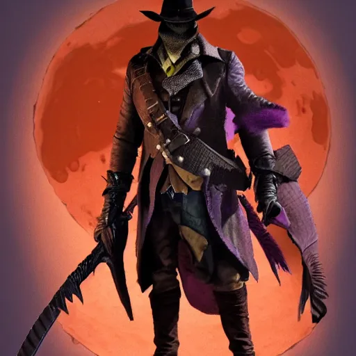 Prompt: a detailed 3 d render of darkwing duck dressed as the hunter from bloodborne, let's get dangerous, in the style animation of darkwing duck, digital art, dark fantasy, concept art, soulslike, by alphonse mucha, blood moon eclipse, wherewolves in a ruined building in the background, artstation, 8 k, unreal engine render