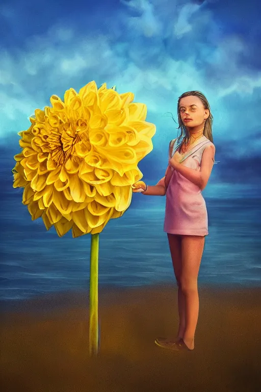 Prompt: closeup girl with huge yellow dahlia flower head, on beach, surreal photography, blue sky, sunrise, dramatic light, impressionist painting, digital painting, artstation, simon stalenhag