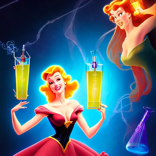 Prompt: key visual of an attractive sorceress holding two flasks full of glowing liquid, mad scientist's lab background, by gil elvgren and stanley lau, disney princess style