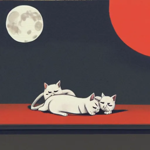 Image similar to two cats curled up with each other on a rooftop under a bright moon light, in the style of ilya kuvshinov