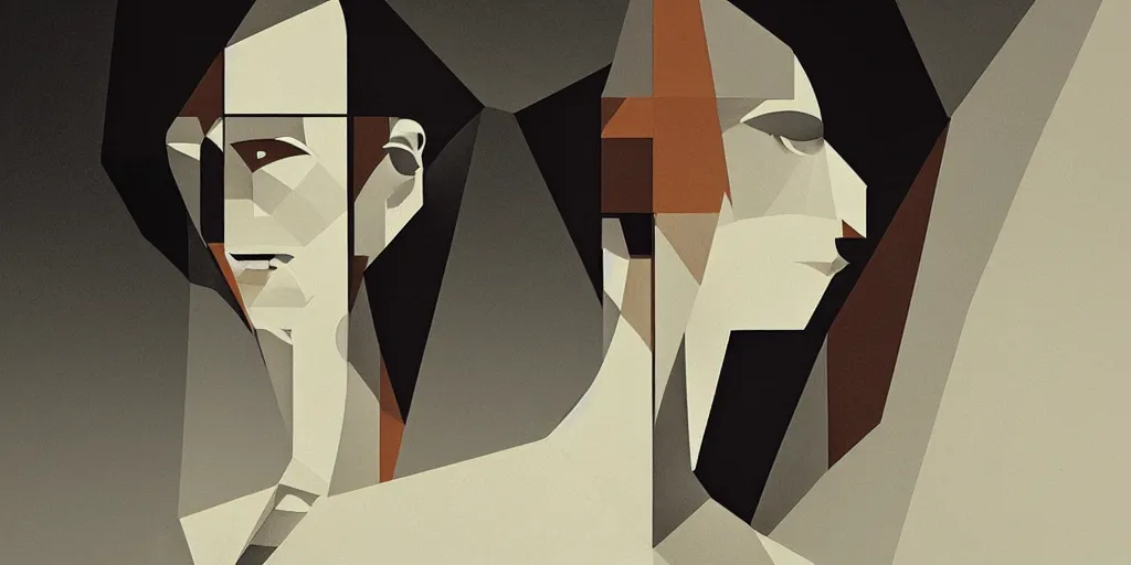 Image similar to highly detailed portrait of a portrait geometric face modernist bauhaus minimalism, by greg rutkowski and fujimoto tatsuki, dramatic lighting, dynamic pose, dynamic perspective