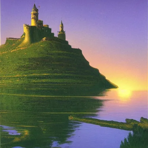 Image similar to fortress on a hill in a lake at night, Darrell k sweet