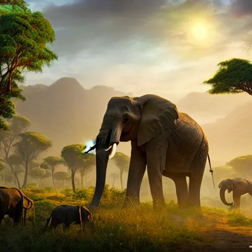 Prompt: African elephants in the jungle, beautiful dynamic lighting, cinematic, wide angle establishing shot, extremely high detail, photo realistic, cinematic lighting, post processed, concept art, artstation, matte painting, style by frederic church, raphael lacoste, alex ross, unreal engine 8k