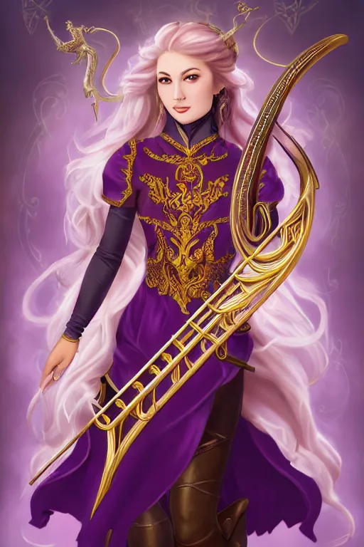 Prompt: Full body Portrait of a beautiful young bard lady, playing an onrnamental Golden lyre, light borwn hair, White skin, dark Blue eyes, purple and pink leather garments, leather boots, fingerless gloves, extremely detailed face, high fantasy, magic music, dungeons and dragons, important: No extra arms or hands, blizzard entertainment, industrial light and magic, pixar, matte painting, mucha, trending on Artstation, artstationHD, artstationHQ, octane, cgsociety, HD, 16K
