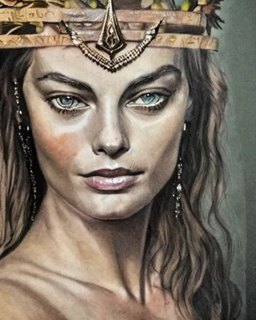 Image similar to realism tattoo sketch of margot robbie as a beautiful greek goddess aphrodite with piercing eyes wearing a laurel wreath and triangle earrings, in the style of greg rutkowski, amazing detail