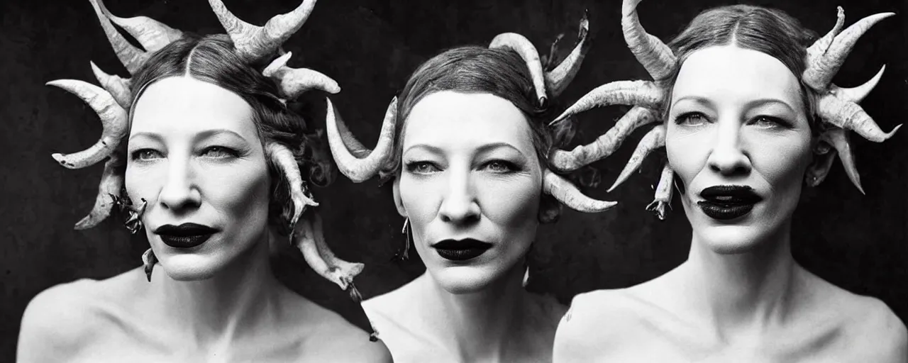 Prompt: 1920s portrait photography of cate blanchett transforming into a monster, edelweiss growing out of her face, goat horns on her head