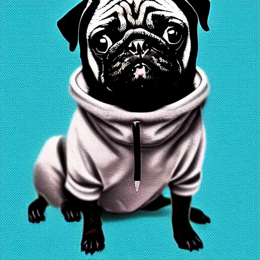 Prompt: a sad pug wearing a hoodie, the word ( sad ) is written on the hoodie in upper case letters, digital art, synthwave style, trending on artstation, matte painting