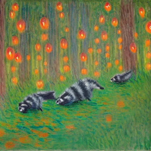 Image similar to painting of raccoon parade through a forest at night with colorful paper lanterns in the style of Claude Monet