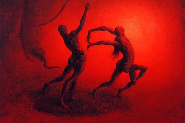 Image similar to only with red, a red tiger, rome in the background, medieval demons dance, an ancient path, in the style of beksinski, part by hopper, part by rodcenko, part by hofbauer, intricate composition, red by caravaggio, insanely quality, highly detailed, masterpiece, red light, artstation