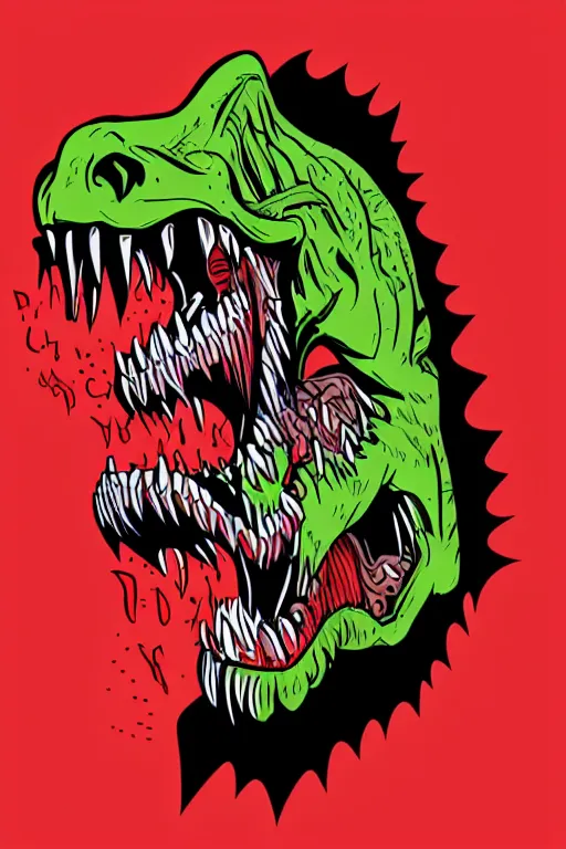 Image similar to Evil t-rex, the devil, sticker, blood thirsty, spawn of Satan, burning in hell, blood, evil, colorful, illustration, highly detailed, simple, smooth and clean vector curves, no jagged lines, vector art, smooth