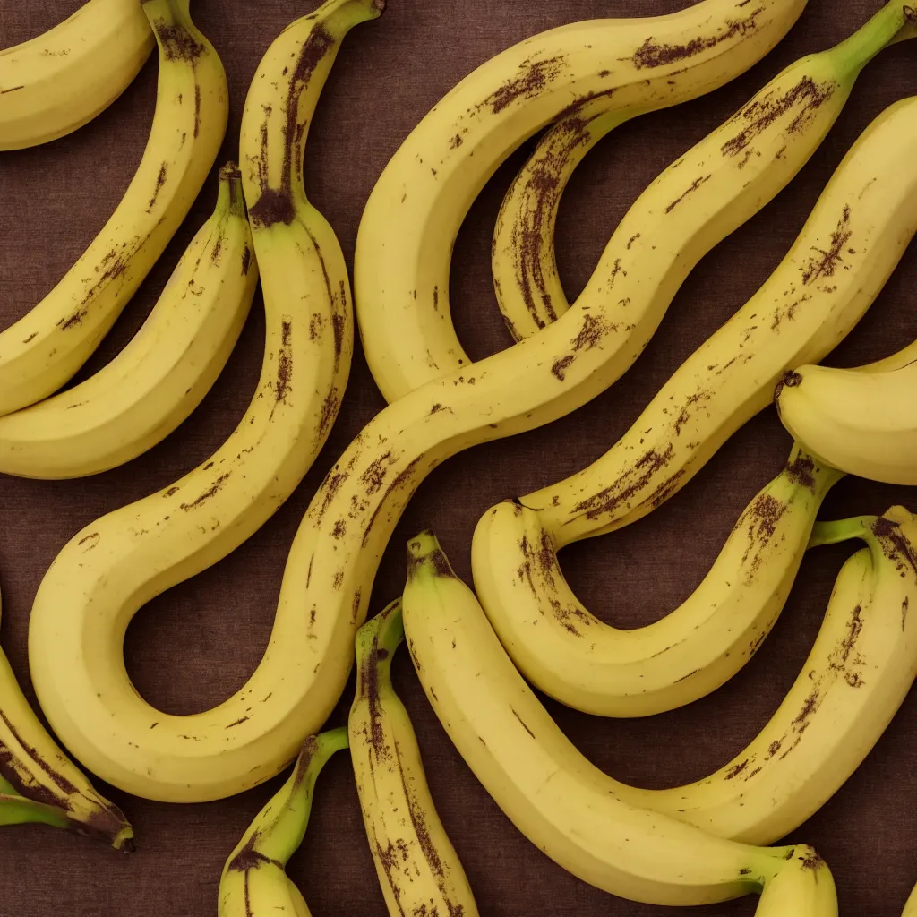 Prompt: circular loop fractal bananas that grow like a banana coral, banana stems, roots. closeup, hyper real, food photography, high quality