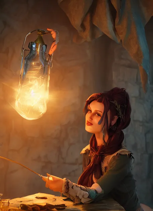 Prompt: An epic fantasy comic book style portrait painting of a light witch brewing a healing potion in her workshop, unreal 5, DAZ, hyperrealistic, octane render, cosplay, RPG portrait, dynamic lighting