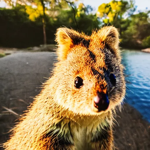 Prompt: quokka taking a selfie, golden hour, realistic