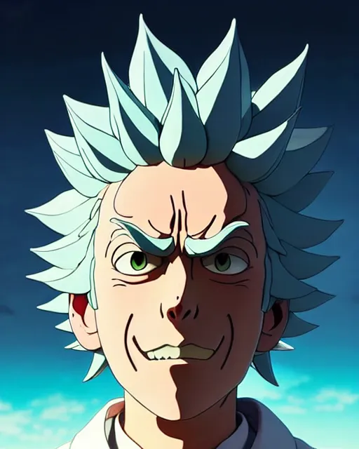 Image similar to rick sanchez, detailed perfect face, exquisite details, fire magic, mid view, design on a white background, by studio muti, greg rutkowski makoto shinkai takashi takeuchi studio ghibli