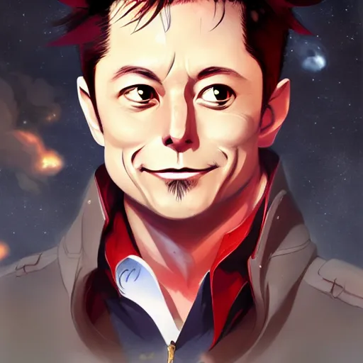 Image similar to anime portrait of elon musk the hobbit as an anime troll by Stanley Artgerm Lau, WLOP, Rossdraws, James Jean, Andrei Riabovitchev, Marc Simonetti, and Sakimichan, trending on artstation
